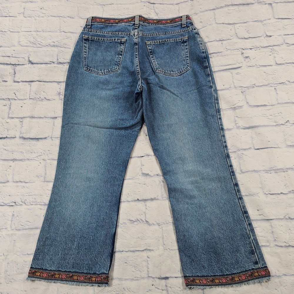 Old Navy Blue Jeans Womens 12 Medium Floral Embroidered Trim Wide Leg VINTAGE - Picture 8 of 13